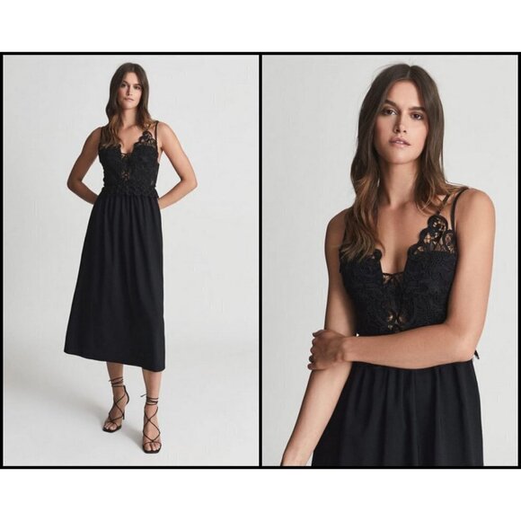 💕REISS💕 Serena Lace Bodice Midi Cocktail Dress ~ Black 4 US NWT - Picture 1 of 13